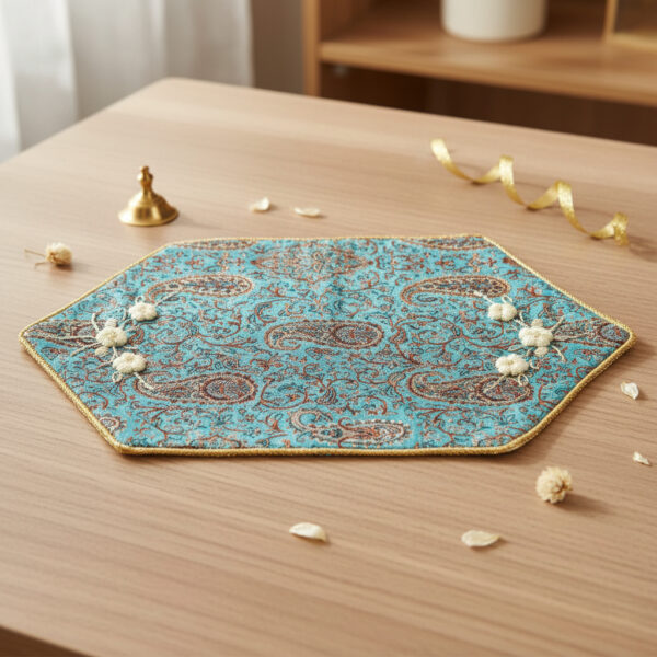 رانر ترمه آبی درباری سرمه‌دوزی شده کوچک