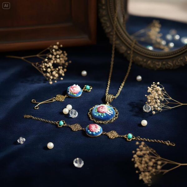 ست زیورآلات گلدوزی طرح گل رز