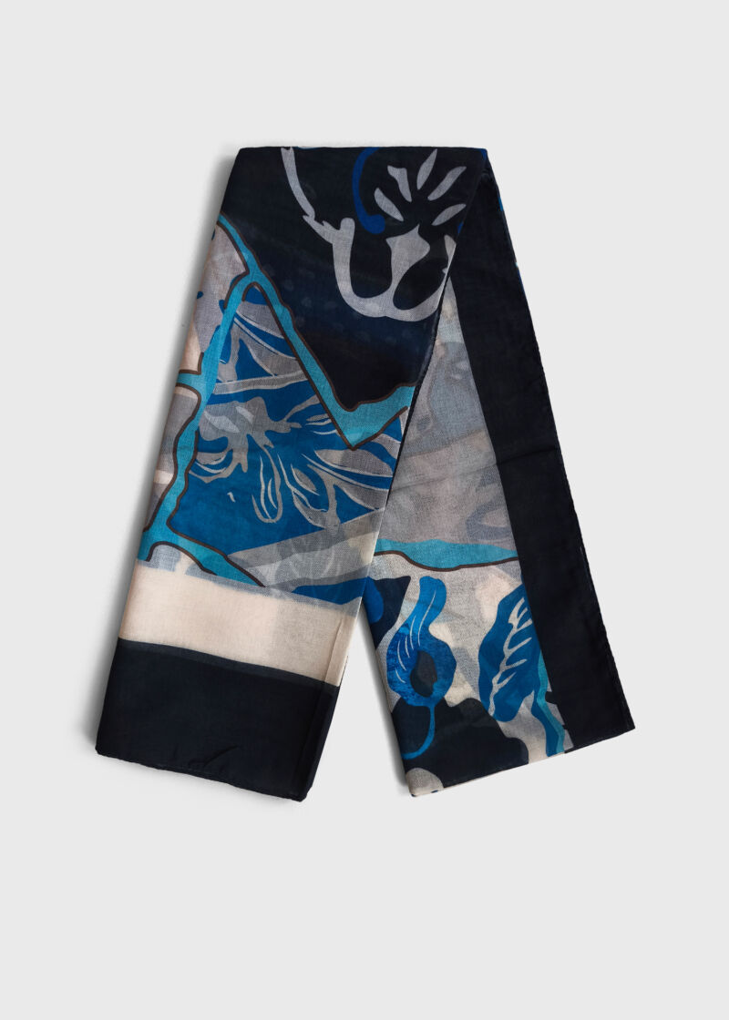شال نخی طرح طبیعت طیف آبی و سرمه‌ای